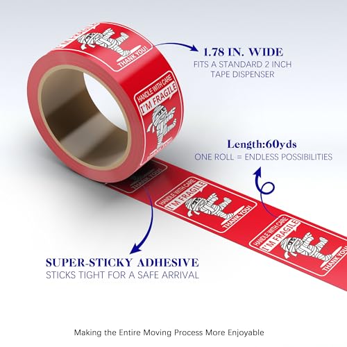 Image of Fragile Tape for Safe Moving and Shipping,Cute Design and Free Dispenser | 1.78 Inch Width x 60 Yards, Durable Packaging Tape for Boxes, Ideal for Mailing and Storage