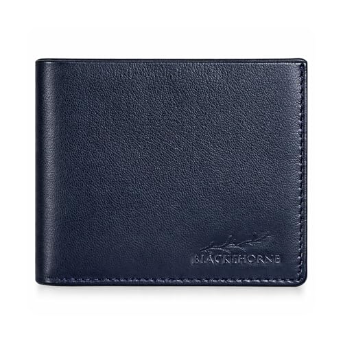 BLACKTHORNE Bifold Wallet for Men | Genuine Leather RFID Blocking Wallet with 10 Card Slots, ID Window and Zipper Coin Pocket (Navy Blue)