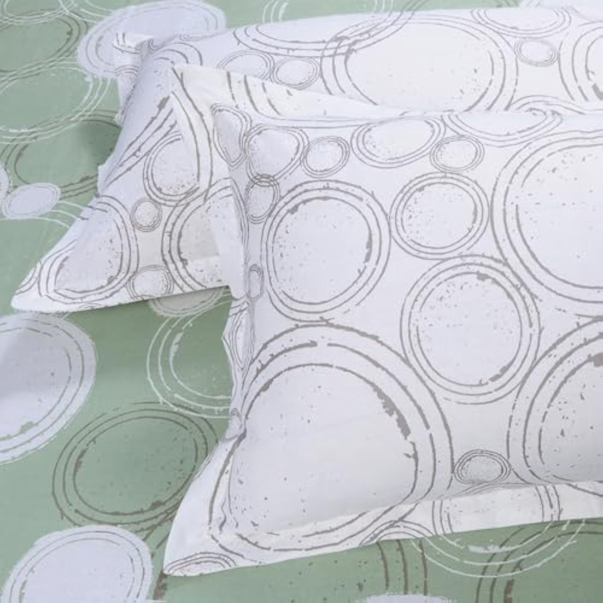Cotton Single Bedsheet with 1 Pillow Cover, Green & Off White