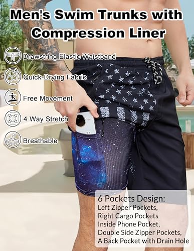 Mens Swim Trunks with Compression Liner Swimming Trunks 9 Inch Bathing Suit Quick Dry Swim Shorts Cargo Shorts4