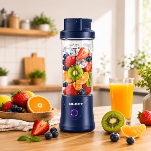 Image of QLECT Portable Juicer Blender 400ML, 22 Stainless Steel Blades, 3000mAh Battery, 7.4V Motor, USB Type-C Rechargeable Smoothie Maker for Fruits, Protein Shakes & Travel(Blue)