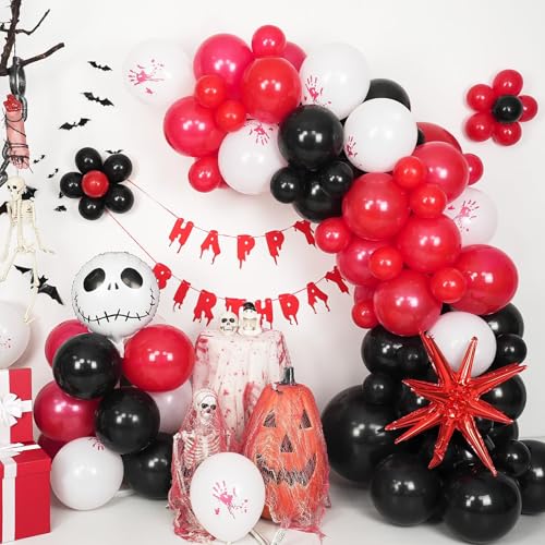 Image of Halloween Balloon Arch Kit Bloody Balloons Garland Black and Red Balloon with Skull Face Explosion Star Foil Balloon for Nightmare Horror Theme Birthday Spooky Vampire Skeleton Cat Party Decorations