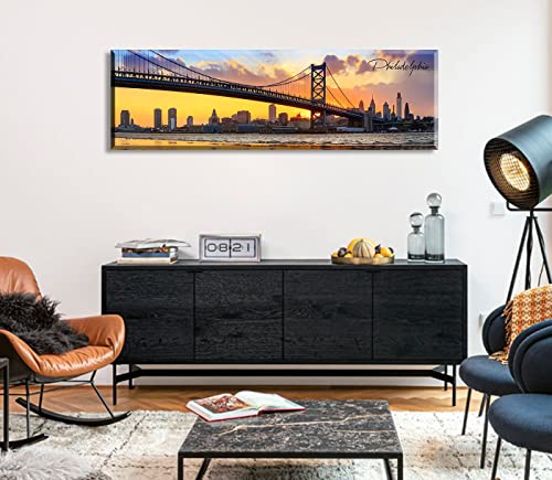 Image of Philadelphia Skyline Wall Art Cityscape Panorama Canvas Print 13.8 inchx45.3 inch | Living Room Decor, City Building House Poster, Bridge Sunset Scenery, Office Bedroom Decorations, Framed