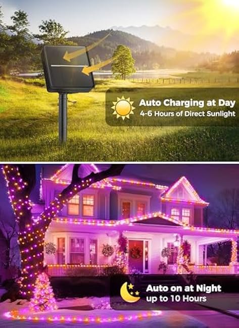 2-Pack 200LED 78FT Total Solar Outdoor Lights IP65 Waterproof Solar Powered Lights with 8 Lighting Modes for Party Garden Yard Home Holiday Tree Decoration Lighting,Orange&Purple
