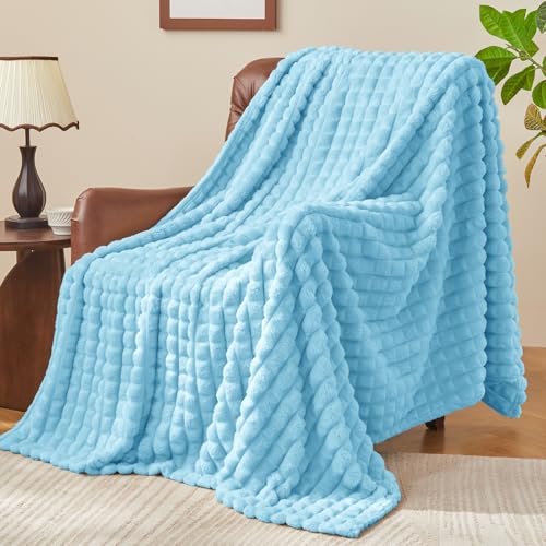 Image of BEDELITE 3D Checked Light Blue Fleece Throw Blanket for Couch, 50x60 Inches