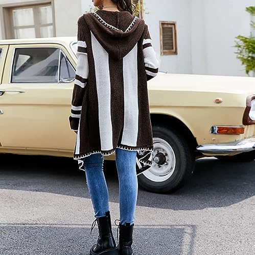 Massage Sweater Women'S Autumn And Winter Striped Color Contrast Hooded Long Sleeve Knit Cardigan Sheer Cardigan for Women - Afbeelding 5