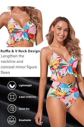 Image of Tempt Me Women High Waisted Ruffle Bikini Set Two Piece Swimsuits Flounce Tummy Control Bathing Suit