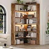 4 EVER WINNER Corner Book Shelf, 7 Tier L-Shaped Bookcase, Brown