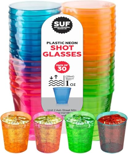 LORD C Multi-Coloured Plastic Shot Glasses, Reusable 30ml Party Cups, Bright, Colourful Drinking Glasses for Shots, Cocktails and Celebrations Pack of (30)