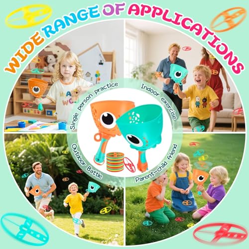 Muyohix Outdoor Spielzeug Kinder Ab 3-10 Jahre, 2 Packs Double Pull String Dinosaurier Propeller Spielzeug, 24 Discs Fliegende Untertasse Launcher Spiel-Zeug, Gartenspielzeug für Kinder ab 4-8 Jahre
