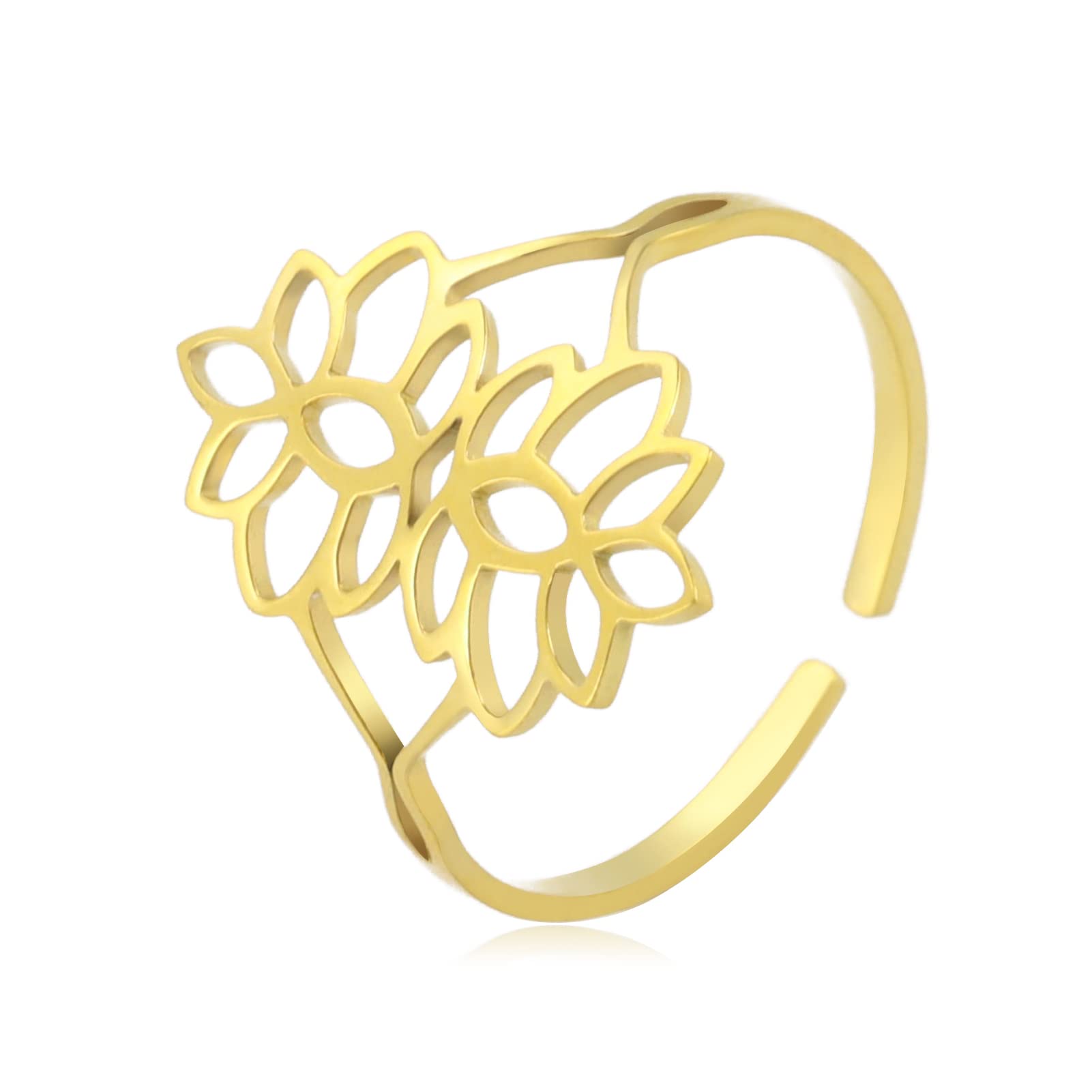 kkjoy Lotus Flower Yoga Ring Stainless Steel Lotus Adjustable Open Finger Rings Inspirational Jewelry Gift for Women Teens Girls