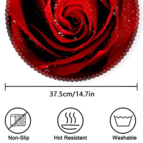 Placemats,Round Placemats Washable Polyester Table Mats Set Of 4 Heat Resistant Placemats For Kitchen Dining Table Decoration - Red Rose #TOP4