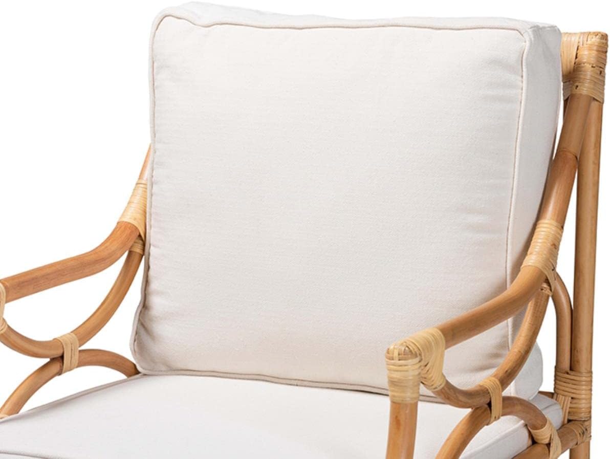 Baxton Studio Brandon Modern Bohemian White Fabric Upholstered and Natural Brown Rattan Armchair