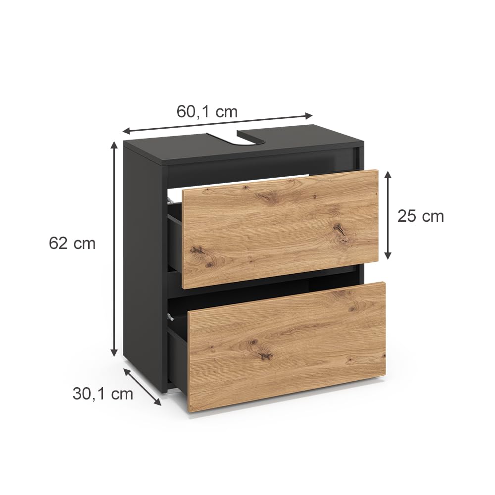 Vicco Meuble sous Vasque Simple Majest, Artisan, 60.1x62cm avec 2 tiroirs, avec découpe pour Siphon et Ouvertures de Ventilation pour l'installation