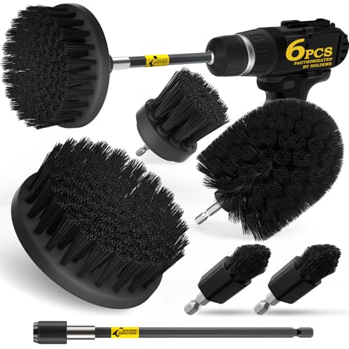 Holikme 6Pack Drill Brush Power Scrubber Cleaning Brush Extended Long Attachment Set All Purpose Drill Scrub Brushes Kit for Grout Floor Tub Shower Tile Bathroom Black