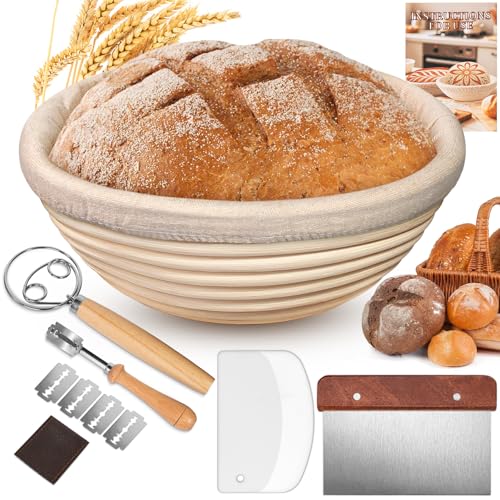 Sauerteig Starter Set 6-Teilig 22.5cm Gärkörbchen Aus Naturrattan Mit Leinenbezug Brotbackzubehör Inklusive Teigschaber Teigkarte Bäckermesser Dänischer Teigbesen Brotbackset Für Hobbybäcker