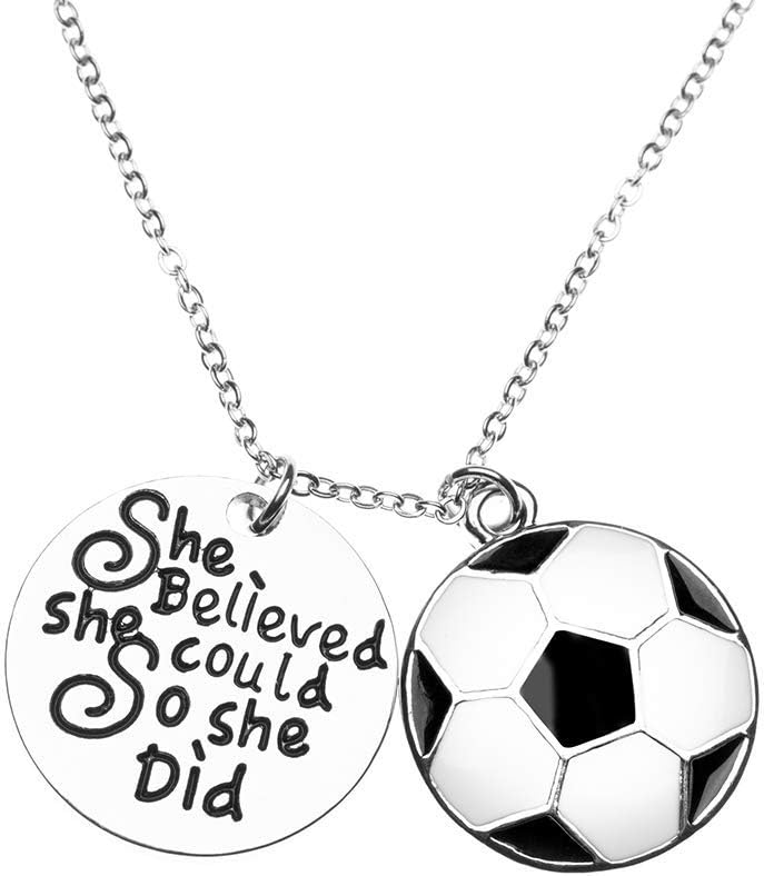 Sportybella - Soccer Necklace, Silver Soccer Jewelry - Girls She Believed She Could So She Did Pendent - Soccer Player Gifts
