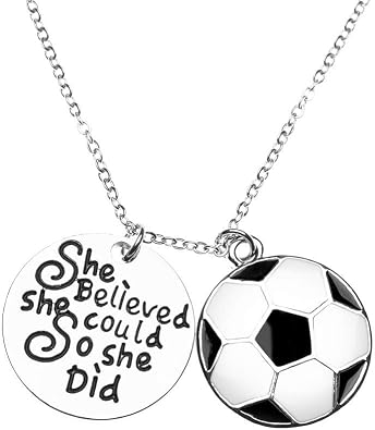 Sportybella - Soccer Necklace, Silver Soccer Jewelry - Girls She Believed She Could So She Did Pendent - Soccer Player Gifts