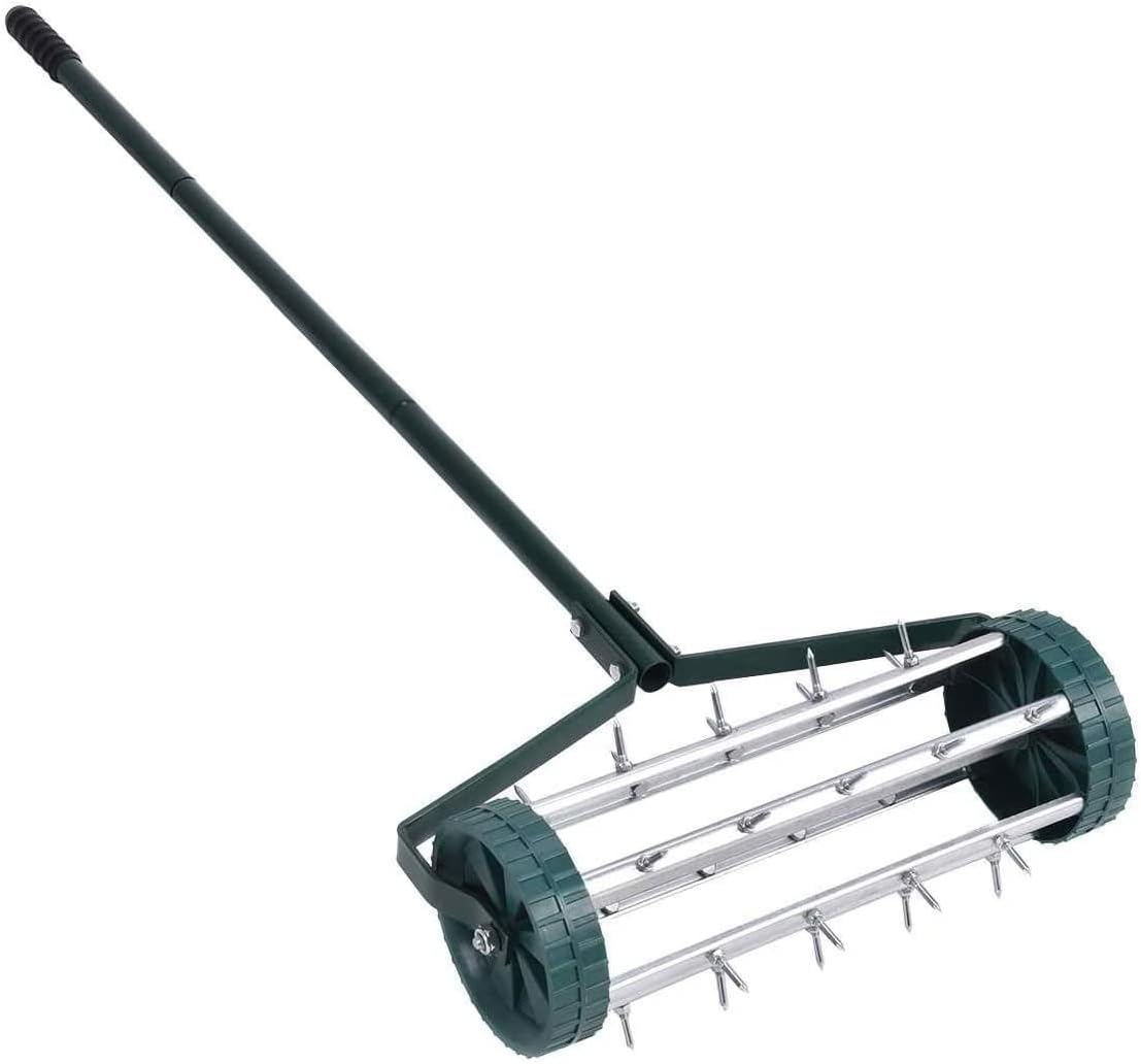 18" Rolling Lawn Aerator, Rotary Push Tine Spike Soil Lawn Aerator with Steel Handle, Gardening Tool for Garden Yard Grass Maintenance