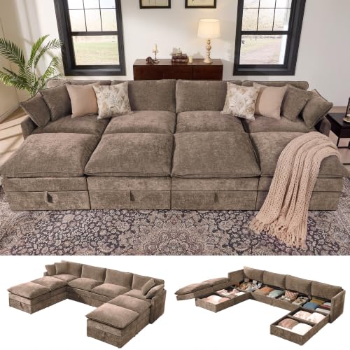 Image of Ihanherry 135 inch Oversized Sectional Sofa Bed with Storage, 8-Seater Modular Cloud Couch with Movable Ottomans, Chenille Deep Seat Sleeper Couches for Living Room (Brown)