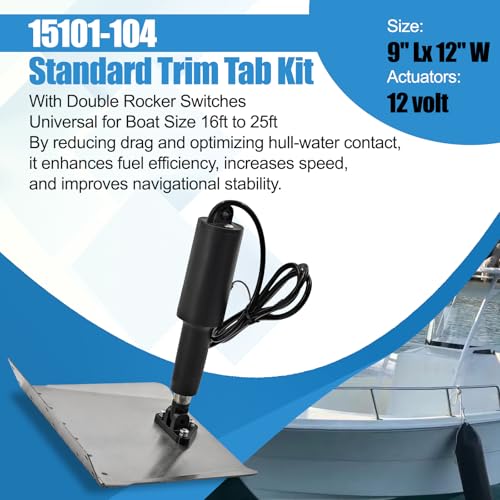 Image of 9 inch x 12 inch Standard Trim Tab Kit for Boats Size 16-25ft 15001-101 15101-104 | w /Double Rocker Switches 12V Electric Trim Tabs for Boats, w /6.6ft Switch Harness, Stainless Steel Planes