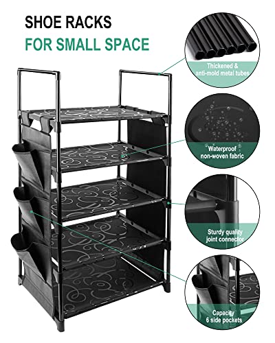 Moweallarge Shoe Rack 17-22 Pairs Stackable 5-Tier Shoes Rack Upgrade Compact Free Standing Shoes Rack With 6-Side Pockets For Small Narrow Space Closet Entryway Dorm Hallway #TOP3