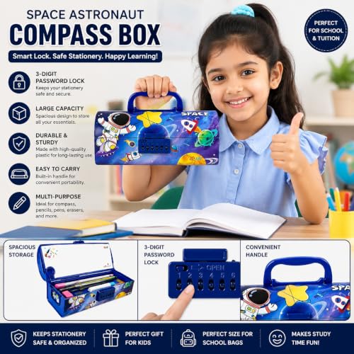 Image of Space Astronaut Lock Compass Box for Kids | 3-Digit Password Pencil Box | Large Capacity Stationery Organizer Case for School Boys & Girls | Durable Plastic Pencil Case