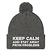 Keep Calm and Stay Away from Problems Hat (Embroidered Pom-Pom Beanie) Dark Heather Grey