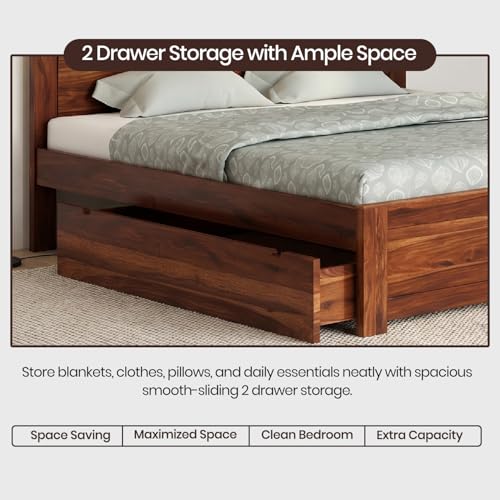Image of WOODLAB Furniture Sheesham Wood King Size Bed with 2 Side Drawer Storage Wooden Double Bed Palang for Bedroom Living Room (Honey Finish)