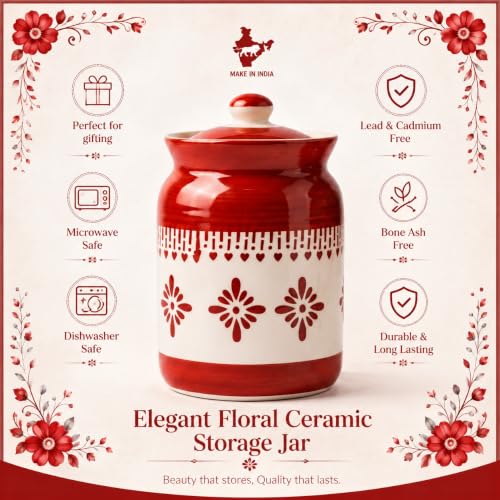 Image of D'Maiolica Ceramic Handmade Pickle Jars in 1000ml (set of 2) | Floral Bale 1 kg Achaar Martban | Ceramic Jadi for Kitchen Storage (Set of 2) | Jars for Achar, Spices, Salt (Royale Red Heartline)