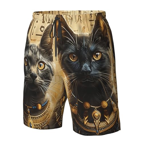 Men's Quick Dry Swim Shorts Egyptian Cats Hieroglyphics and Mystical Symbols Golden Beach Trunks with Pockets4