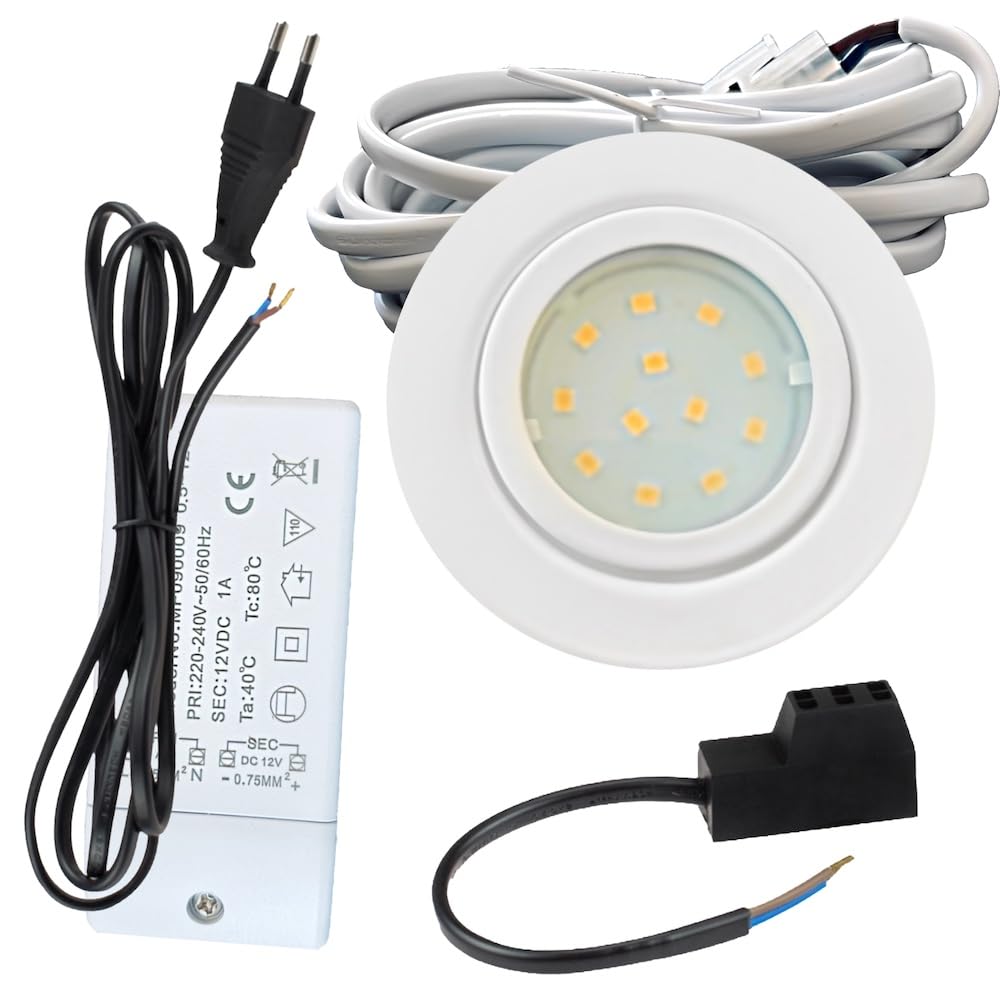 IP44 LED Möbeleinbauleuchte 12V flach 1 x 2,4W Möbelspot New Lina 200lm Weiß inkl. LED Trafo, AMP Verteiler und 230V Zuleitung 3000K Warmweiß Lochausschnitt: 55 bis 60mm