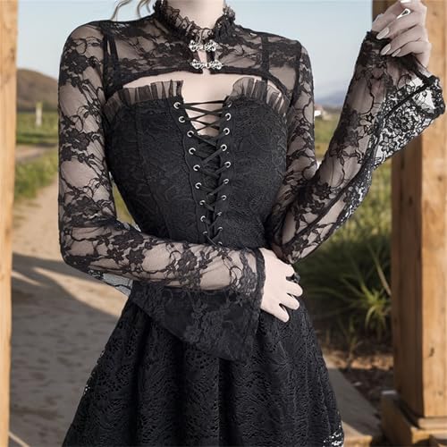Image of Goth Bolero Shrug Women Lace Sheer Mesh Gothic Flare Sleeve Emo