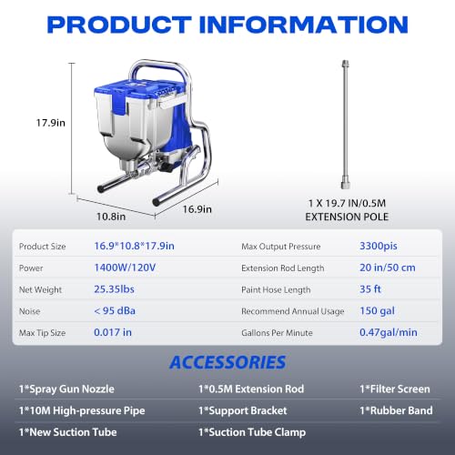 Image of Airless Paint Sprayer, 1400W High Efficiency Electric Paint Sprayer, 3300PSI Cart Thinning-Free Airless Sprayer with Extension Rod and Wheels, for Home, Yard, Garden, Commercial Use，Blue