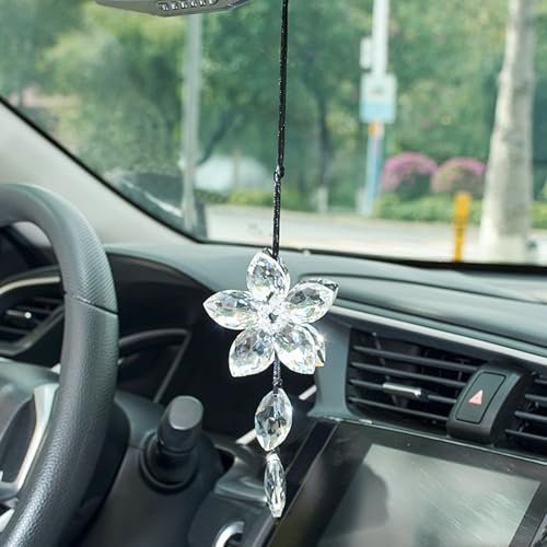 Image of Crystal Flower Car Rear View Mirror Hanging Ornament - Sparkles with Rainbows for a Sense of Luck and Happiness Car Interior Accessories (Transparent)