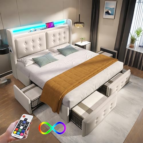 Cama de matrimonio de 140 x 200 cm con LED y USB C y 4 cajones, cama de una plaza y media con contenedor, cama contenedor de matrimonio, estructura cama matrimonial, cama acolchada beige (sin colchón)