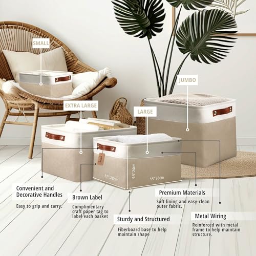 Image of DECOMOMO Storage Bins, Large Fabric Storage Baskets for Shelves, Decorative Linen Closet Organizer, 15 x 11 x 9.5 inches (Beige & White, 3 Pack)