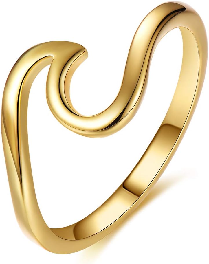 Chic 925 Sterling Silver Wave Cut Girl Ring,Designed for Women to Design Home Casual Wearual Wear (Gold, 7)