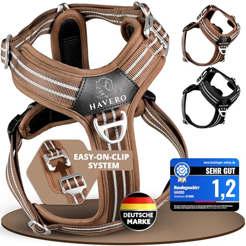 HAVERO Hundegeschirr Easy-On-Clip – [Kein Überkopfziehen] | Anti-Zug Y-Geschirr Gepolstert Reflektierend Atmungsaktiv Brustgeschirr – kleine, mittelgroße & Grosse Hunde Geschirr (Braun, M)