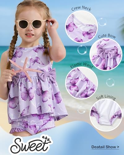 Image of Toddler Girl Swimsuit Baby Girl Bathing Suit Long Sleeve Floral Zipper One-Piece Rash Guard Swimsuit with Hat