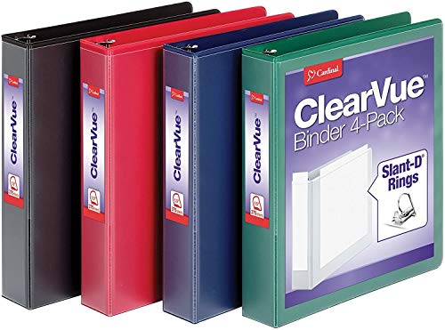 Cardinal 1.5 Inch 3 Ring Binder, D Ring, Assorted, Black, Red, Blue, Green 4 Pack, Holds 375 Sheets (29300)- 2020 Edition