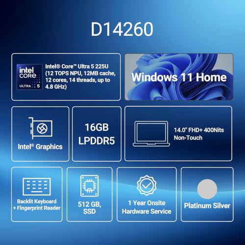 Image of Dell 14 AI Powered Laptop, Intel Core Ultra 5 225U Processor, 16GB:512GB, 35.5cm (14 inch) FHD+ 400nits Display, (Dell 14), Backlit Keyboard + Fingerprint Reader, Win 11 + MSO'24, 1.54kg Thin & Light