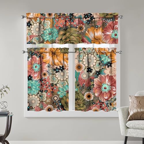 Image of Boho Kitchen Curtains 3 Piece Set Tier Valance Window Decor | 3 Piece Kitchen Curtain Set Includes 54x18in Valance and Two 27.5x36in Tier Curtains for Kitchen, Bedroom and Living Room