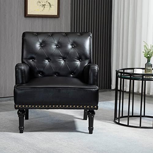 MOJAY Mid-Century PU Leather Accent Chair, Living Room Lounge Sofa Chair with Black Painted Rubber Wood Feet, Single Club Armchair with Rivet Trim for Bedroom Home Reception (Black)