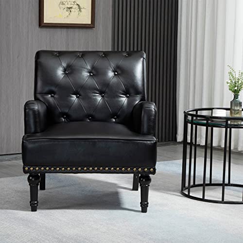 Mojay Mid-Century Pu Leather Accent Chair, Living Room Lounge Sofa Chair With Black Painted Rubber Wood Feet, Single Club Armchair With Rivet Trim For Bedroom Home Reception (Black) #TOP7