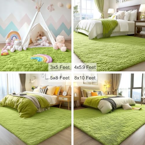 OLANLY 3x5 Machine Washable Small Bedside Rug, Soft Fluffy Shaggy Rugs for Living Room, Bedroom, Indoor Floor Carpet for Kids Girls and Boys, Preppy Dorms, Nursery, Home Decor Aesthetic, Grass Green