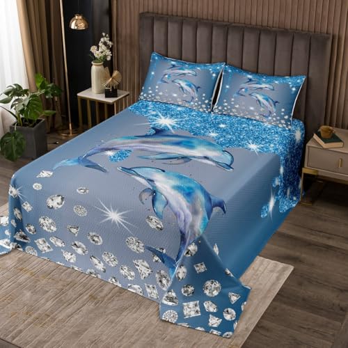 jejeloiu Dolphin Bedspread Twin Size Kids Cute Ocean Animal Quilted Coverlet for Boys Girls Teens Blue Glitter (No Glitter) Coverlet Set Soft Lightweight Microfiber Jumping Dolphins Room Decor