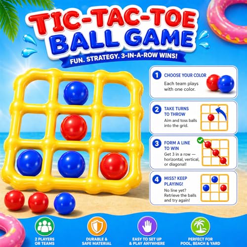 Tic-Tac-Toe Pool Toys Game Set, Giant Inflatable Floating Board Set with 10 Balls, Pool Toys Party Game for Kids Adults Teens, Summer Water Party Backyard Beach Yard Field Day Outdoor Activities — view 3