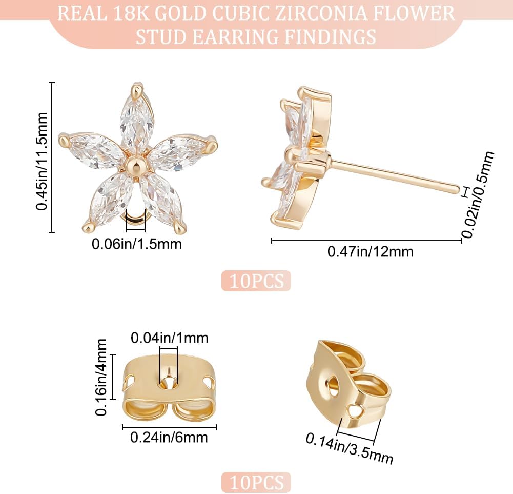 Beebeecraft 1 Box 10Pcs Flower Stud Earring Findings 18K Gold Plated Cubic Zirconia Crystal Blossom Earrings Studs with Dangle Loop and Ear Nuts for Earring Making Findings Hole 1.5mm - Image 2