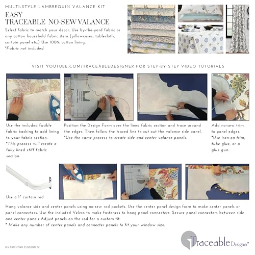 Traceable Designer Multi-Style Lambrequin Valance Kit; Patented Sewing Alternative; Kit; Make No-Sew Custom Cornice Curtains; for Bedroom; Living Room; Dining Room; Room Darkening; Rod Pocket; Lined